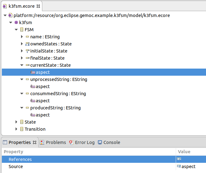 Model debug RTD using aspect annotation in k3fsm.ecore